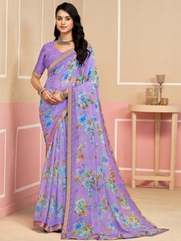 Akhilam - Lavender Printed Chiffon Saree with Unstitched Blouse