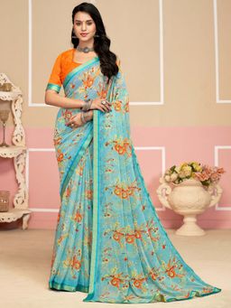Akhilam - Blue Printed Chiffon Saree with Unstitched Blouse