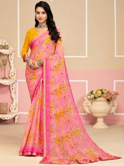 Akhilam - Pink Printed Chiffon Saree with Unstitched Blouse