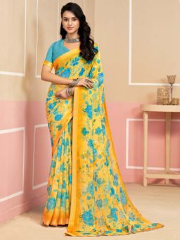 Akhilam - Yellow Printed Chiffon Saree with Unstitched Blouse