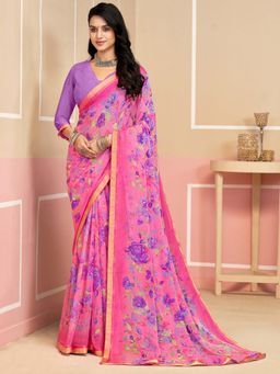 Akhilam - Pink Printed Chiffon Saree with Unstitched Blouse
