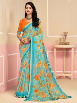 Akhilam - Blue Printed Chiffon Saree with Unstitched Blouse