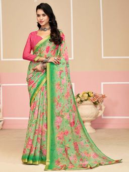 Akhilam - Green Printed Chiffon Saree with Unstitched Blouse