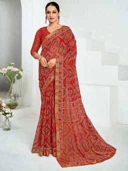 Akhilam - Red Printed Chiffon Saree with Unstitched Blouse