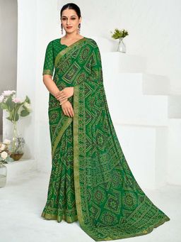 Akhilam - Green Printed Chiffon Saree with Unstitched Blouse