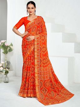 Akhilam - Orange Printed Chiffon Saree with Unstitched Blouse
