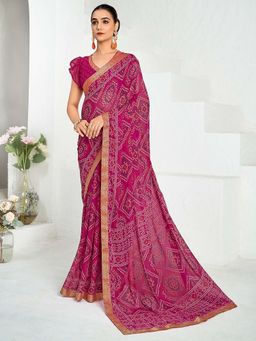 Akhilam - Pink Printed Chiffon Saree with Unstitched Blouse