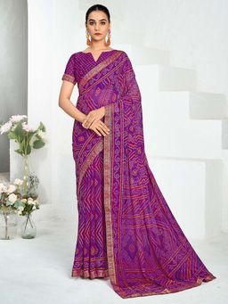 Akhilam - Purple Printed Chiffon Saree with Unstitched Blouse