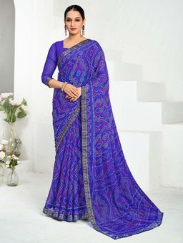 Akhilam - Navy Blue Printed Chiffon Saree with Unstitched Blouse