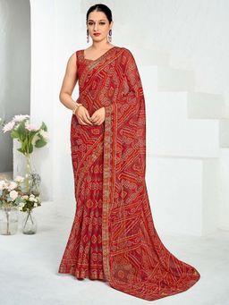 Akhilam - Maroon Printed Chiffon Saree with Unstitched Blouse
