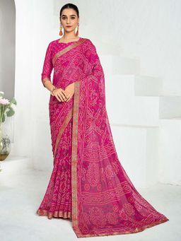 Akhilam - Pink Printed Chiffon Saree with Unstitched Blouse