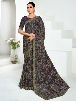 Akhilam - Black Printed Chiffon Saree with Unstitched Blouse