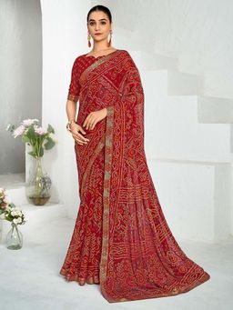 Akhilam - Maroon Printed Chiffon Saree with Unstitched Blouse