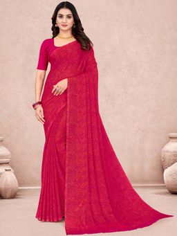 Akhilam - Pink Printed Chiffon Saree with Unstitched Blouse