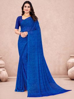 Akhilam - Blue Printed Chiffon Saree with Unstitched Blouse