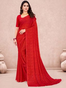 Akhilam - Red Printed Chiffon Saree with Unstitched Blouse