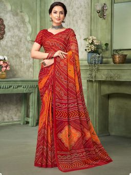 Akhilam - Red Printed Chiffon Saree with Unstitched Blouse
