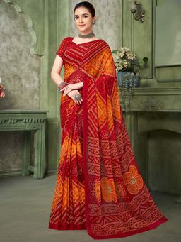 Akhilam - Red Printed Chiffon Saree with Unstitched Blouse