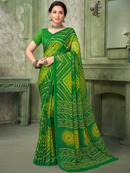 Akhilam - Green Printed Chiffon Saree with Unstitched Blouse