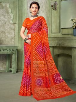 Akhilam - Orange Printed Chiffon Saree with Unstitched Blouse
