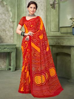 Akhilam - Red Printed Chiffon Saree with Unstitched Blouse