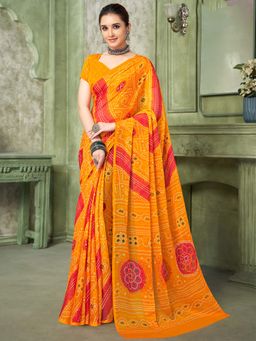 Akhilam - Yellow Printed Chiffon Saree with Unstitched Blouse