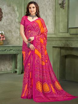 Akhilam - Pink Printed Chiffon Saree with Unstitched Blouse