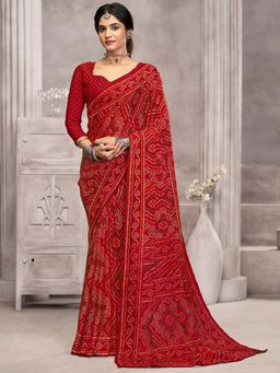 Akhilam - Red Printed Chiffon Saree with Unstitched Blouse