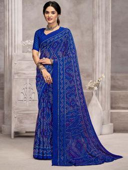 Akhilam - Blue Printed Chiffon Saree with Unstitched Blouse