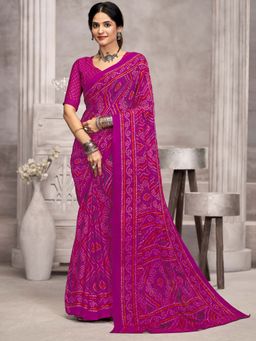 Akhilam - Pink Printed Chiffon Saree with Unstitched Blouse
