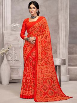 Akhilam - Orange Printed Chiffon Saree with Unstitched Blouse