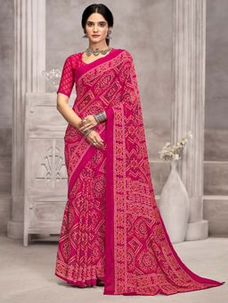 Akhilam - Pink Printed Chiffon Saree with Unstitched Blouse