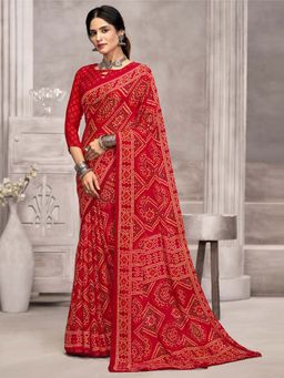 Akhilam - Red Printed Chiffon Saree with Unstitched Blouse