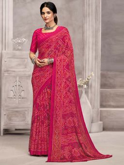 Akhilam - Pink Printed Chiffon Saree with Unstitched Blouse