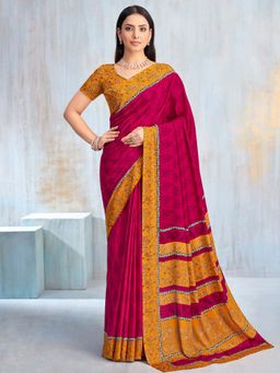 Akhilam - Pink Printed Crepe Saree with Unstitched Blouse