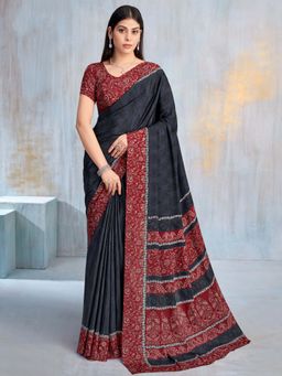 Akhilam - Black Printed Crepe Saree with Unstitched Blouse