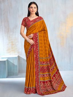 Akhilam - Mustard Printed Crepe Saree with Unstitched Blouse