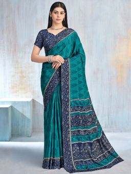 Akhilam - Teal Printed Crepe Saree with Unstitched Blouse