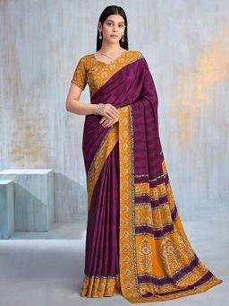 Akhilam - Purple Printed Crepe Saree with Unstitched Blouse