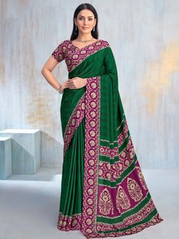 Akhilam - Green Printed Crepe Saree with Unstitched Blouse