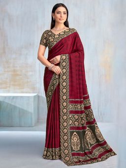 Akhilam - Maroon Printed Crepe Saree with Unstitched Blouse