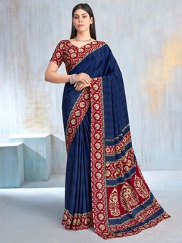 Akhilam - Navy Blue Printed Crepe Saree with Unstitched Blouse