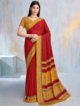 Akhilam - Red Printed Crepe Saree with Unstitched Blouse