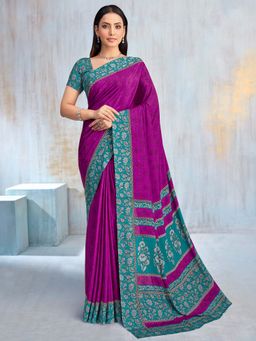 Akhilam - Purple Printed Crepe Saree with Unstitched Blouse
