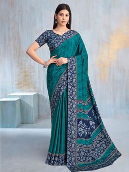 Akhilam - Teal Printed Crepe Saree with Unstitched Blouse