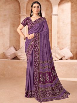 Akhilam - Purple Printed Crepe Saree with Unstitched Blouse