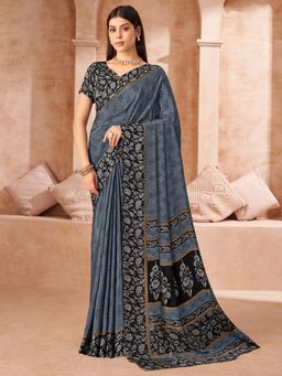 Akhilam - Grey Printed Crepe Saree with Unstitched Blouse