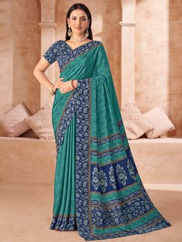 Akhilam - Blue Printed Crepe Saree with Unstitched Blouse