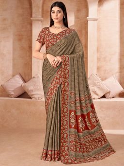 Akhilam - Brown Printed Crepe Saree with Unstitched Blouse
