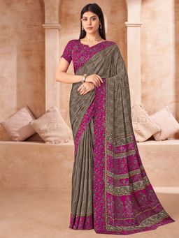 Akhilam - Magenta Printed Crepe Saree with Unstitched Blouse